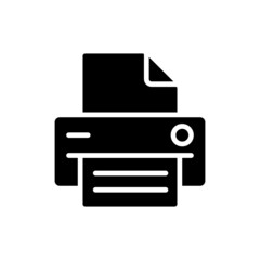 Printer black glyph icon. Office equipment. Electronic device for work purposes. Printing information on paper. Silhouette symbol on white space. Solid pictogram. Vector isolated illustration