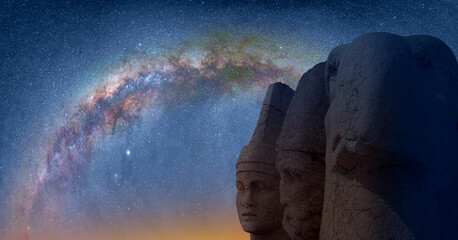 Statues on top of the Nemrut Mountain with Milky Way galaxy - Adiyaman, Turkey