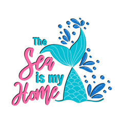 Fototapeta na wymiar Mermaid card with hand drawn sea elements and lettering.