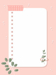 Note paper and leaves of plant on the pink background. A sheet of white paper taped with pink duct tape. Vector illustration, flat style.