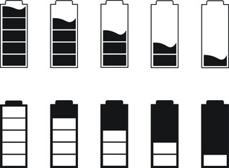 Battery icons. Vector mobile phone battery charge icons. Editable stroke. Black and multicolor scale elements, electronic device power percentages. Battery charging point, charge indicator.