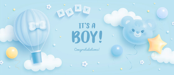 Baby shower horizontal banner with cartoon bear head, hot air balloon, helium balloons and clouds on blue background. It's a boy. Vector illustration - obrazy, fototapety, plakaty