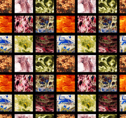 Collage of watercolor colorful marble on black background. Seamless pattern.