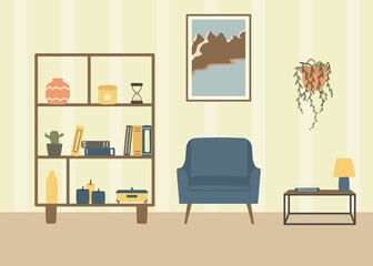 Design living room interior with armchair, book shelf, picture. Cozy living room flat vector illustration.