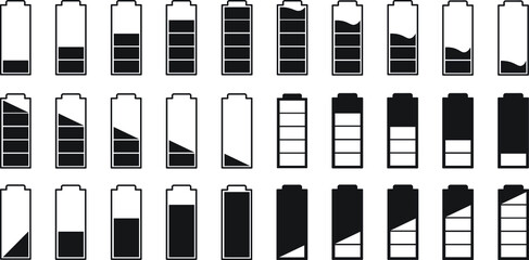 Naklejka premium Battery icons. Battery charge level. Phone charge status. Phone charge level, UI design elements of battery percentage, full low and empty battery status. Vector isolated set phone power.