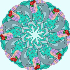 Obraz premium Coloring mandala marine theme. Dolphin jumping out of the wave.Variant in color