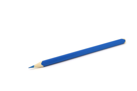 Blue wooden pencil, on a white background. Side view