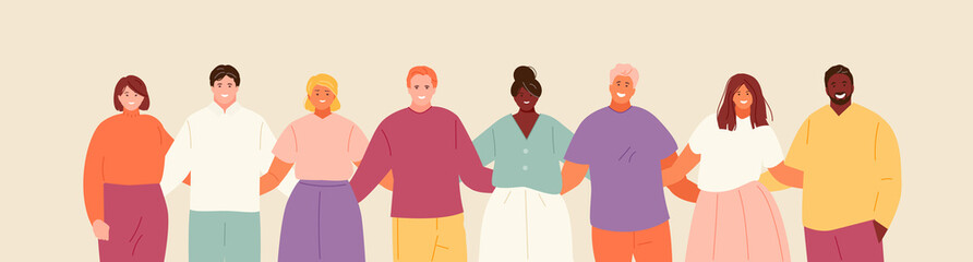 Group of hugging people of different nationality. Unity and support, friendship vector illustration