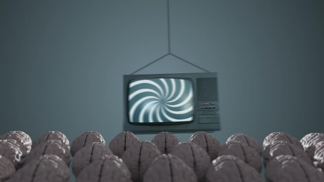 Hypnotic spiral on TV screen. Concept of influence of media on people. Broadcast, false information, hoax, propaganda, brainwashing, information and disinformation concept.