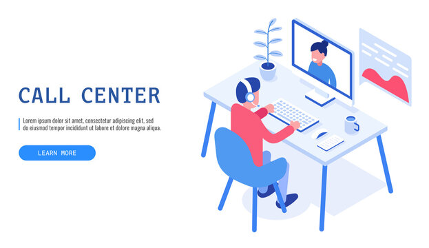 Concept of call center. Male operator communicates with a client. Isometric vector illustration.
