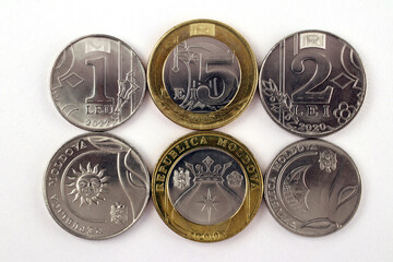 Moldova, coins of the republic, national currency pieces of one, two and five Lei