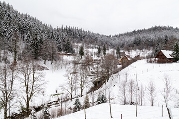 Les ruines historiques de l'abbaye d'Allerheiligen, l'abbaye de tous les Saints, et son village, sous la neige dans la forêt noire du nord de l’Allemagne, Baden Wuerttemberg.