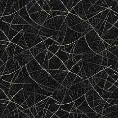 Vector abstract leaf texture seamless pattern background Delicate overlapping wispy veins and midrib lines creating a random textural criss cross grid. Black and white design. Irregular netting effect