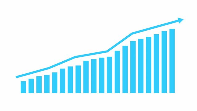 Animated financial blue growth chart with trend line graph. Growth bar chart of economy. Vector illustration isolated on white background.