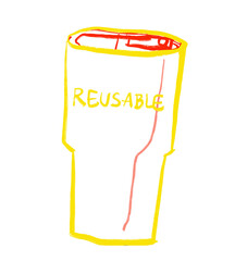 Reusable cup glass Primary color scheme red blue yellow object hand drawn illustration