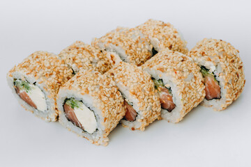 sushi rolls fish on a white background. restaurant menu