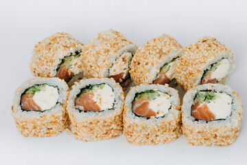 sushi rolls fish on a white background. restaurant menu