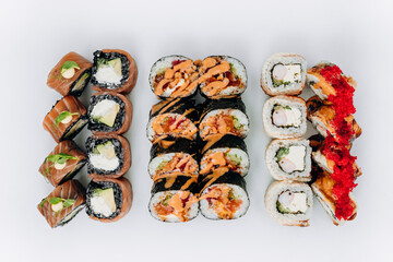 sushi rolls fish on a white background. restaurant menu