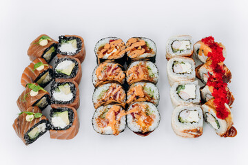 sushi rolls fish on a white background. restaurant menu