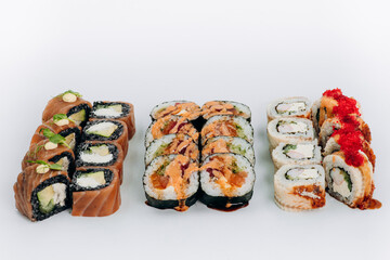 sushi rolls fish on a white background. restaurant menu