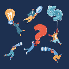 Cartoon vector illustration of a Business team is flying. People with bulb light, question mark, magnifying glass, dollar sign, binoculars, and spyglass. People looking for opportunities