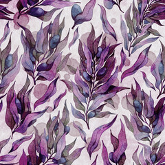 Seamless floral watercolor pattern - leaves, olive and branches composition on background with watercolor drops
