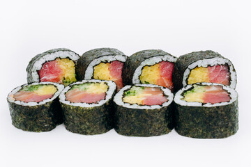 sushi rolls fish on a white background. restaurant menu