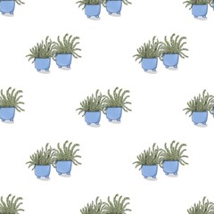 Pattern on a white background green plant fern in a blue pot