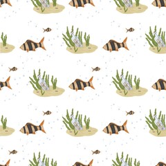 A pattern on a white background green algae a map in a bottle on the seabed a flock of striped fish