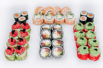 sushi rolls fish on a white background. restaurant menu