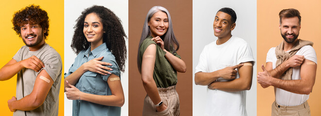Several portraits in collage with diverse people after vaccination, happy multiracial people showing arms with band-aids after injection, pandemic control company, banner