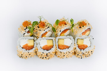 sushi rolls fish on a white background. restaurant menu