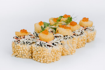 sushi rolls fish on a white background. restaurant menu