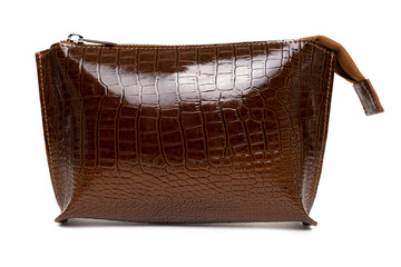 women's cosmetic bag made of genuine brown leather with imitation crocodile skin