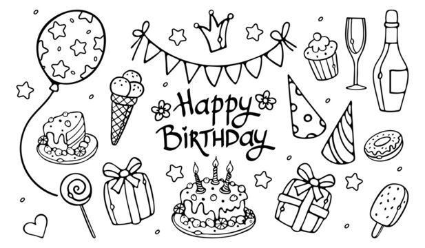 Happy Birthday Party Hand Drawn doodle outline Set Vector Illustration