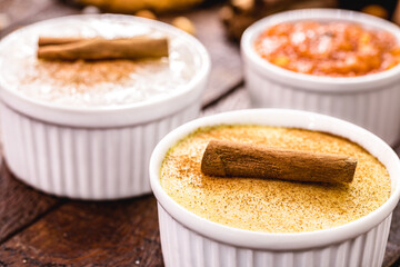 Typical Brazilian sweets from June festivals, curau, Mugunzá or hominy, sweet rice or or Canjica, pumpkin sweets