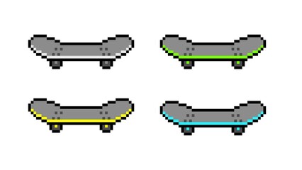 Pixel skateboards. Sports skateboard for fun and extreme sports. Active skateboarding in city and in nature with 8bit resolution for vector game © IRYNA
