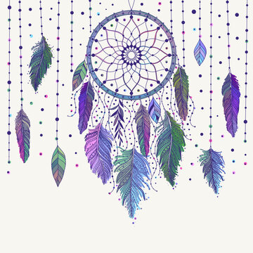 Colorful dreamcatcher and feathers