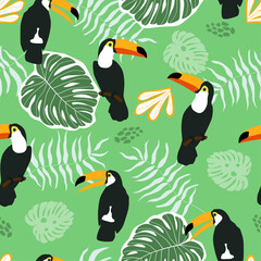 Seamless pattern with tropical exotic ornament with palm leaves and monstera, toucan birds. Summer abstract print. Vector graphics.