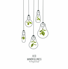 Energy saving eco lamps, made with green leaves with sketches. LED lamp with green leaf. Minimal nature concept. Think Green.Ecology Concept. Environmentally friendly planet.