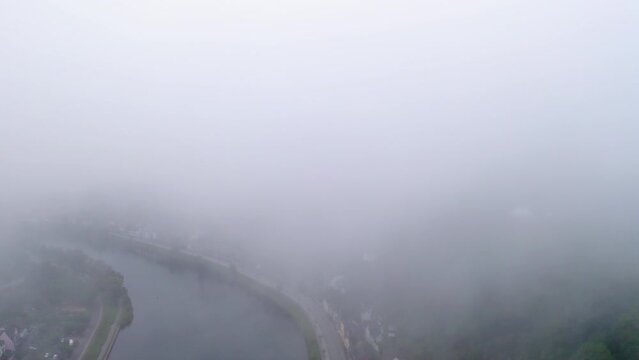 Aerial Shot Of Foggy Weather At Moselle River In Town - Cochem, Germany
