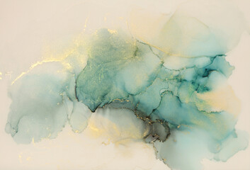 Art Abstract smoke painting blots horizontal background. Alcohol ink blue, beige and gold colors. Marble texture.