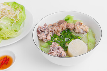 Bun Moc, Rice noodle soup with pork ball, Vietnamese food isolated on white background, close-up