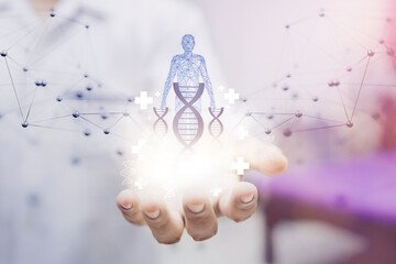 Medicine doctor holding DNA icon and human hologram on virtual screen interface, modern virtual screen interface, health problem and medical technology concept...