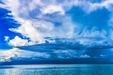Canoes Tahiti Island Rain Storm Cloudscape Blue Water Moorea