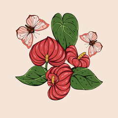 botanical illustration of elements of a plant with red flowers and butterflies