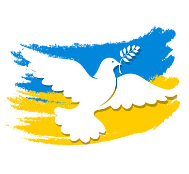 Flying white dove with an olive branch in its beak against the background of the blue-yellow flag of Ukraine. Peace symbol, anti war vector template