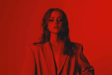 High-fashion. Young beautiful woman with wavy hair in red light. Sexy girl in a jacket. Creative colorful monochrome fashion portrait of Generation Z - obrazy, fototapety, plakaty