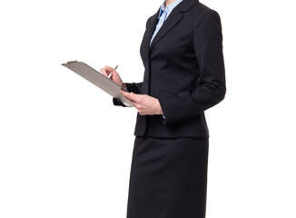 Unrecognizable woman half body in office suit holding documents and pen