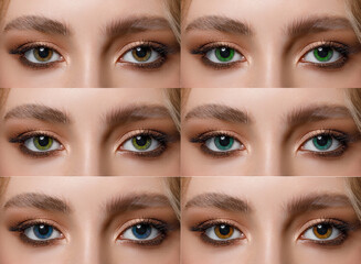 collage of different colored eyes with contact lenses, green, gray and blue tint on colored contact...